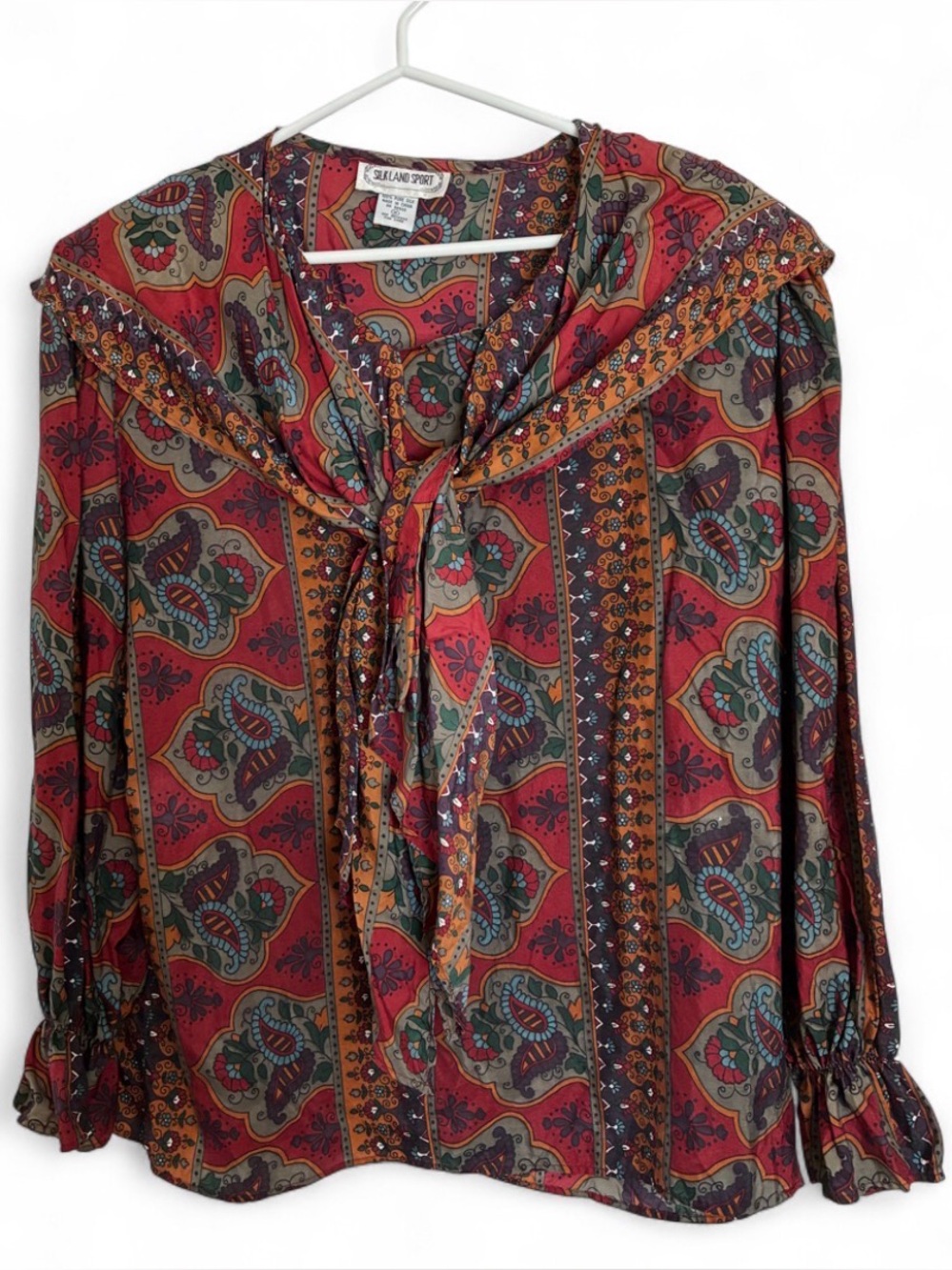 Silkland Sport 100 Silk Paisley Pattern Tie-Neck Blouse Medium